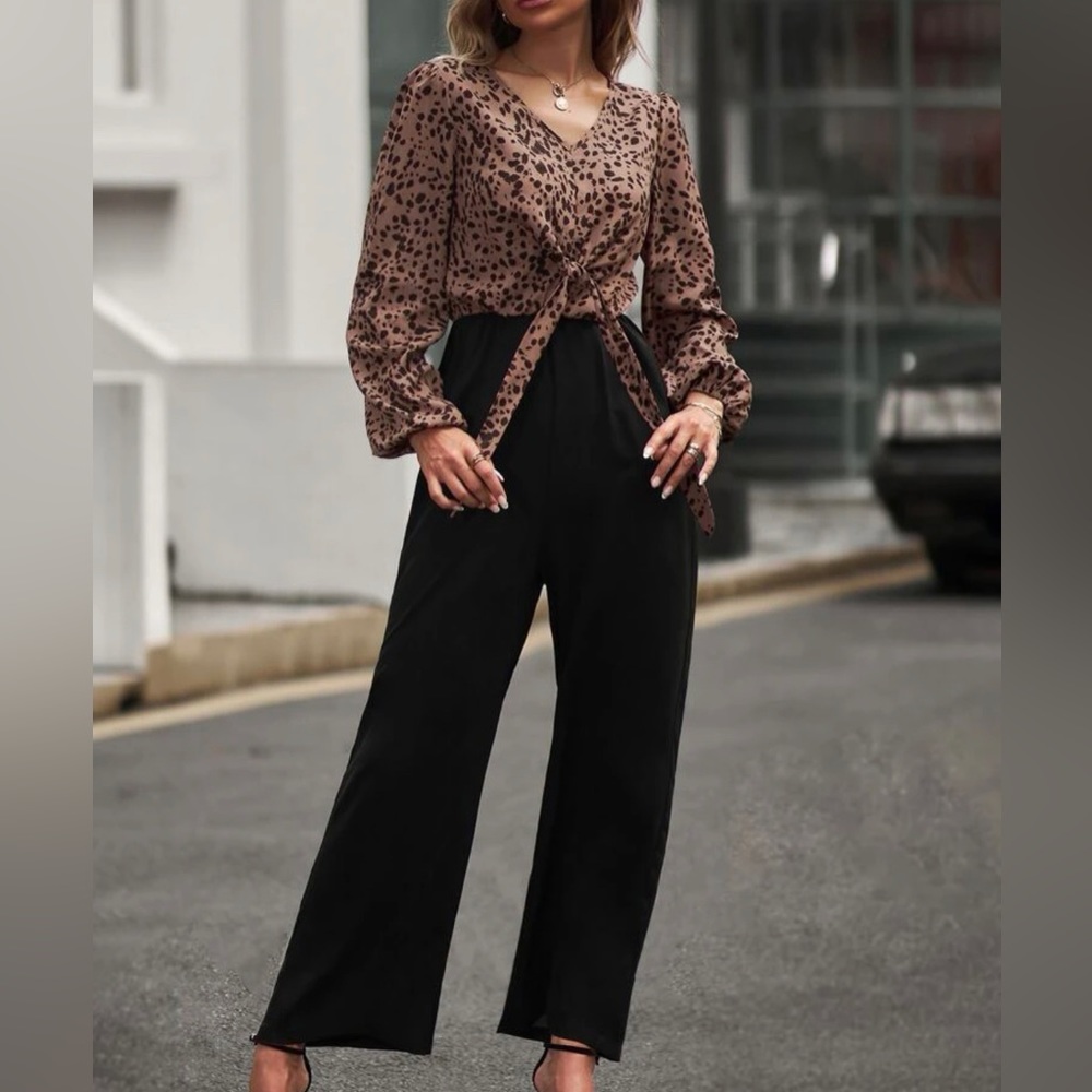 Shein Graphic Print Knot Front Lantern Sleeve Jumpsuit
